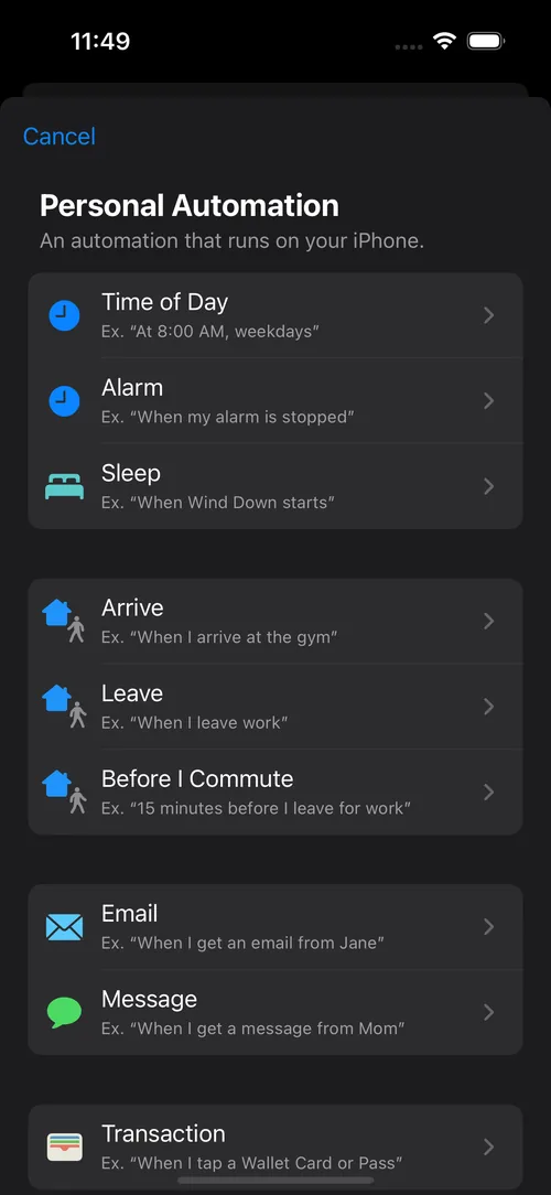 Create a new automation in Shortcuts