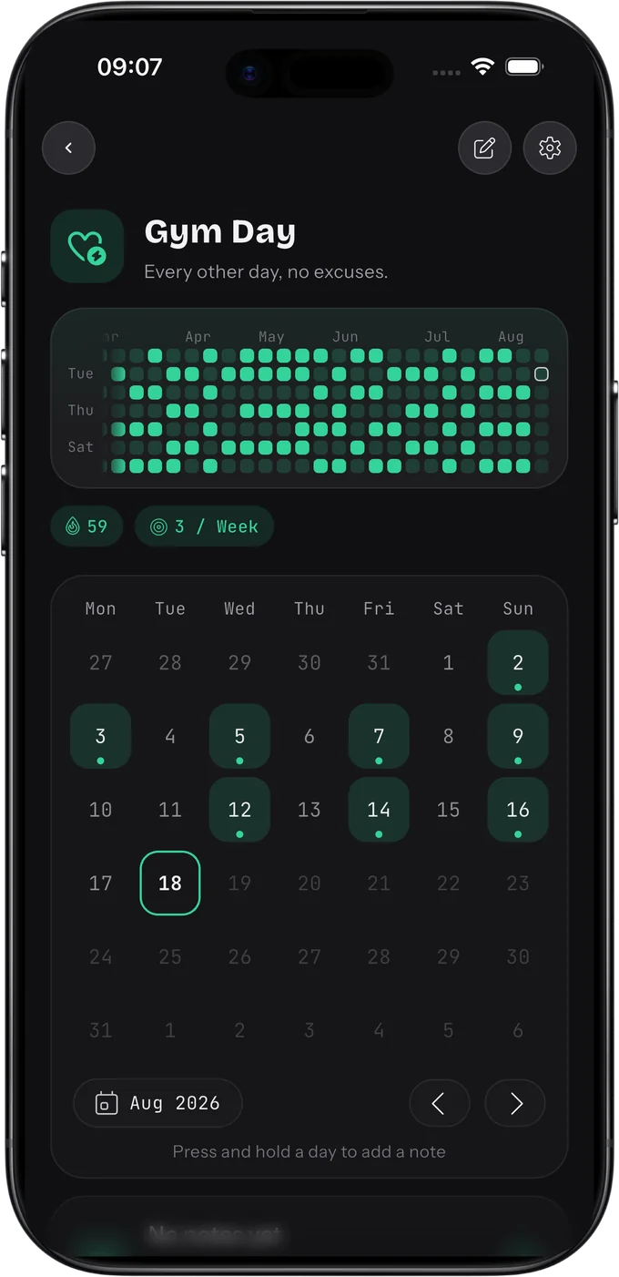 HabitKit habit detail screen with a year grid, streak chips and a monthly calendar