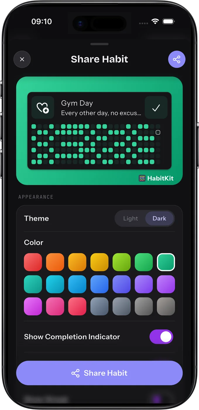 HabitKit share sheet with a green share card, theme toggle and color picker